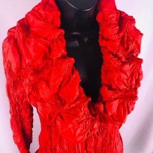 Scarlet red Shiori pattern balloon short dress